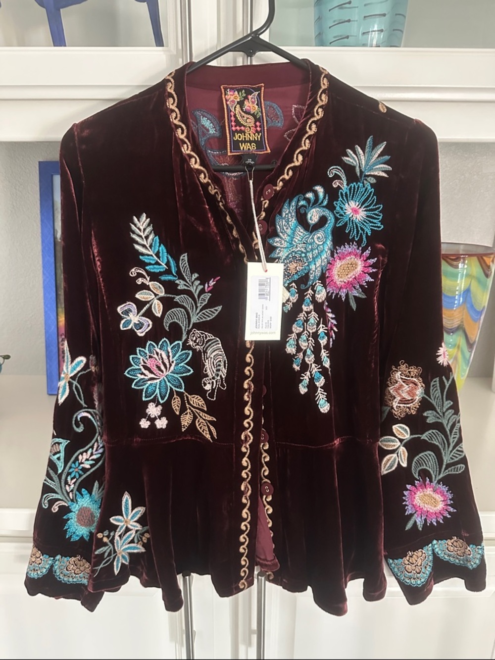 Johnny Was  Orig. $ 368  Maroon Velvet Jacket with Teal and Pink Embroidery